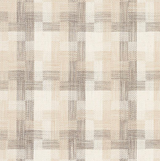 Close-up of woven fabric with a geometric plaid pattern in natural beige, cream, and taupe tones, featuring textured crosshatch and linear shading details.