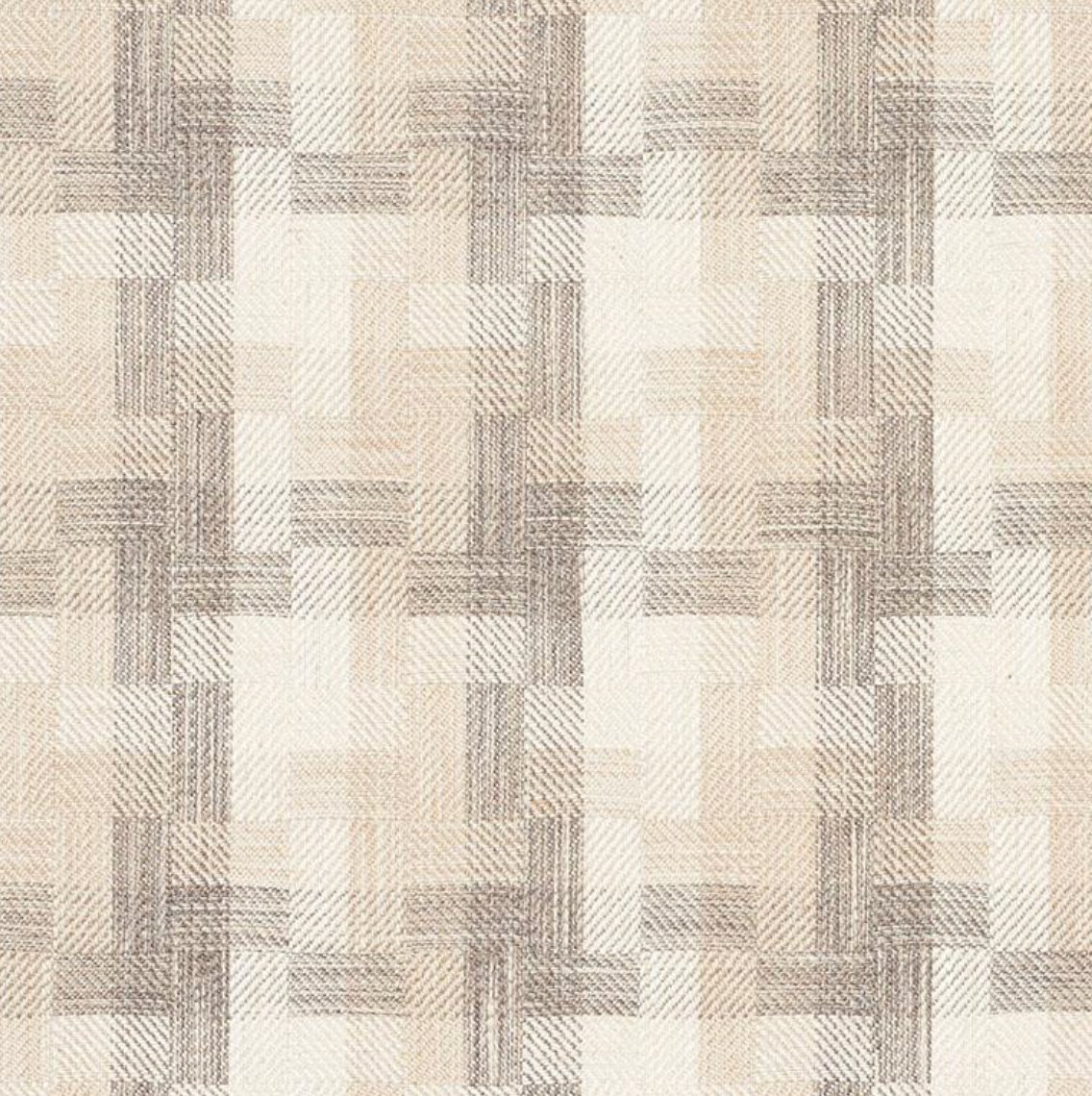 Close-up of woven fabric with a geometric plaid pattern in natural beige, cream, and taupe tones, featuring textured crosshatch and linear shading details.