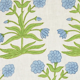 Fabric pattern featuring sky blue floral clusters and pistachio green leafy stems on a white background, creating a balanced, repeating botanical design.