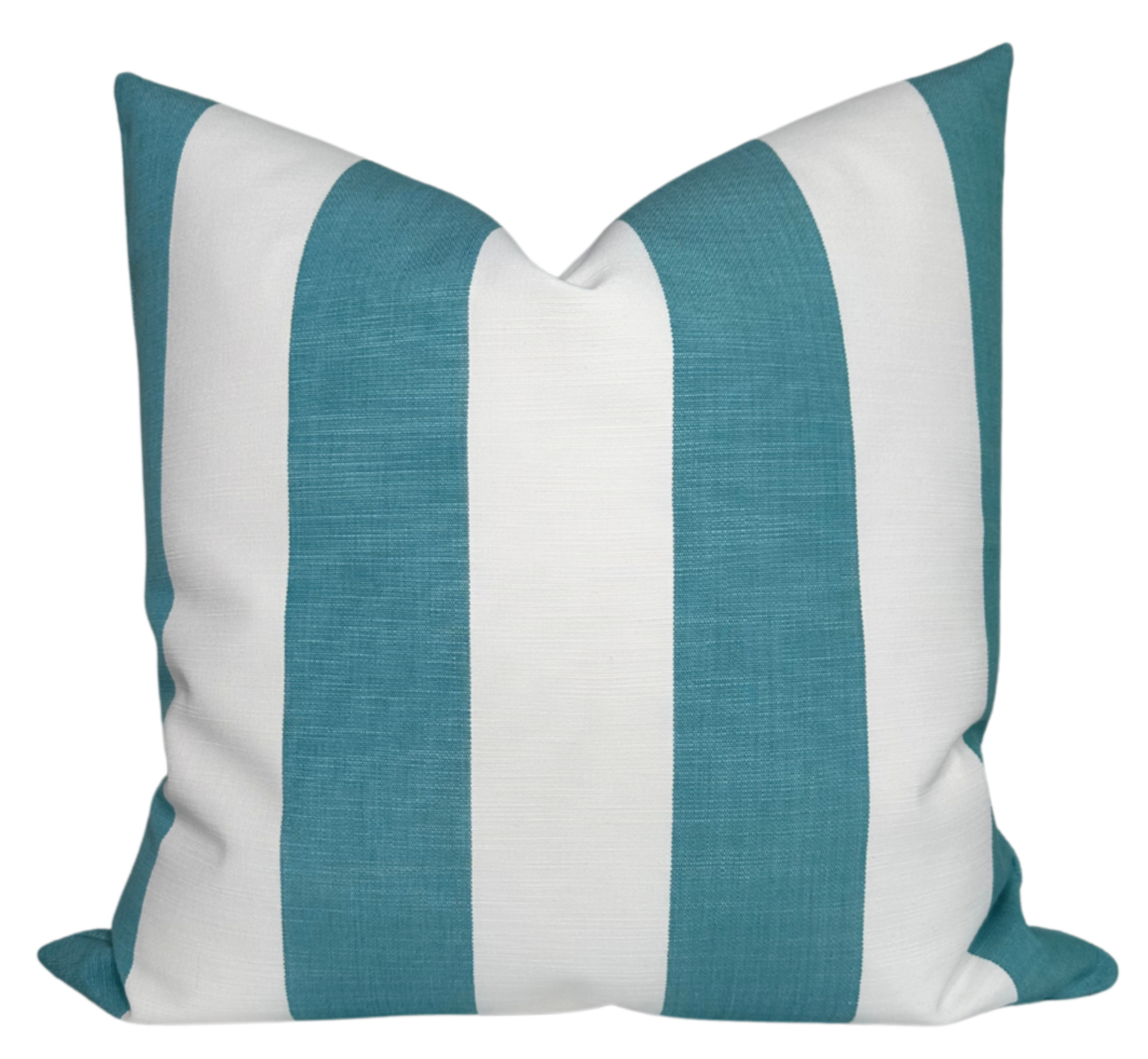 Go To Stripe Pillow Cover in Bahama Mama by DEKOWE showing front striped pattern and ivory back fabric.