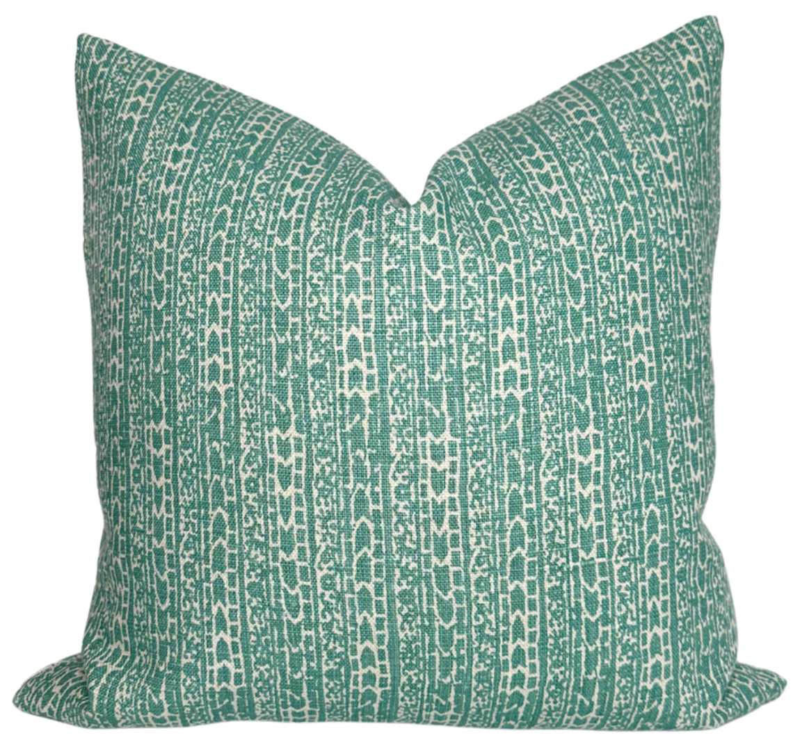 Char Pillow Cover in Nile by Peter Dunham Textiles showing printed linen front and ivory linen back