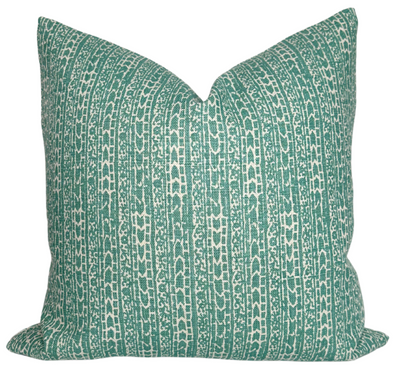 Char Pillow Cover in Nile by Peter Dunham Textiles showing printed linen front and ivory linen back