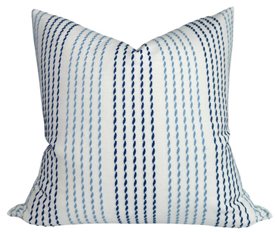 Running Stitches Pillow Cover in blues pattern front and ivory linen back