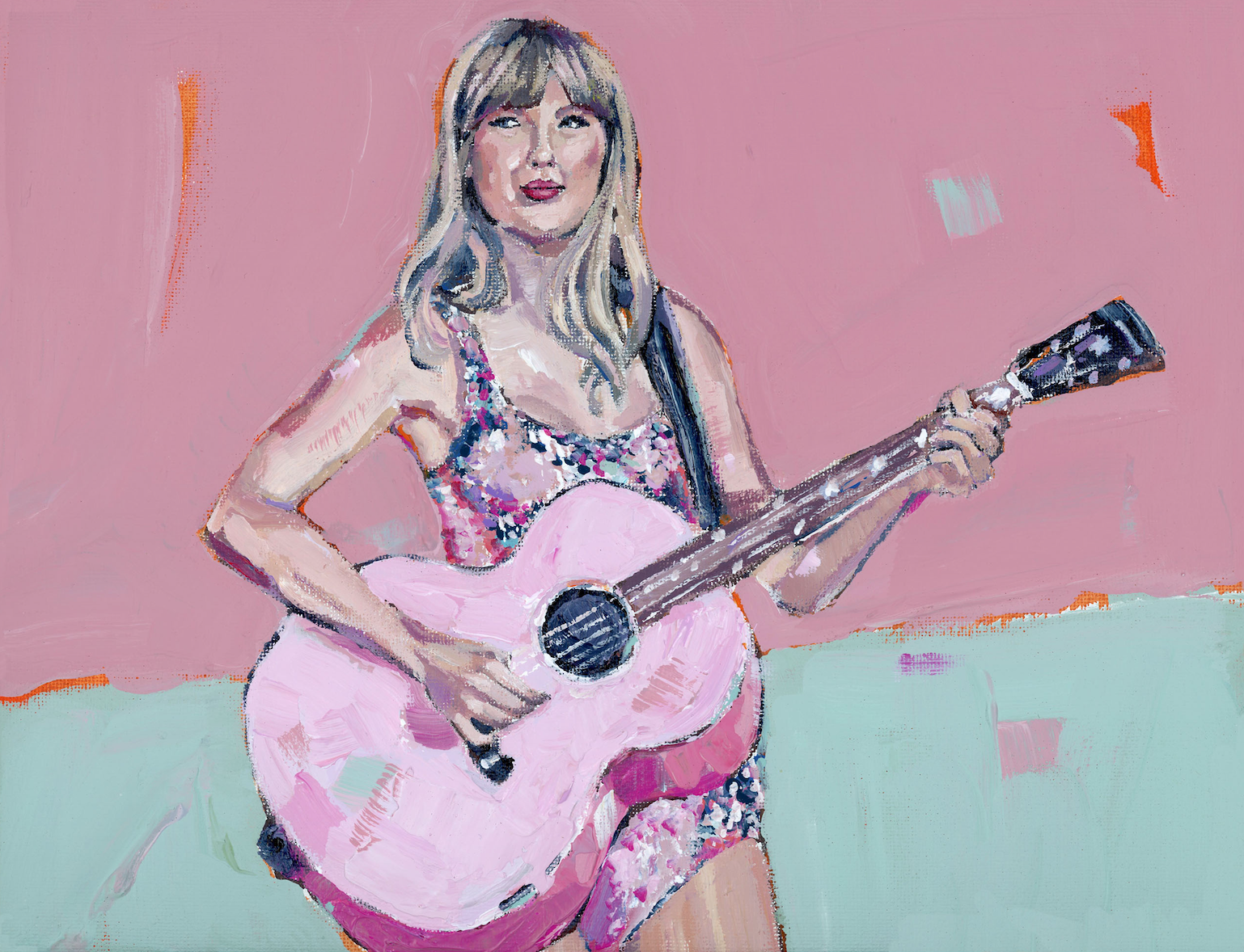 Fine art print showing Taylor Swift holding a pink guitar, signed by Chelsea McShane