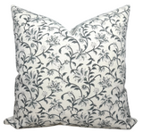 Vine Floral Print Pillow Cover in Indigo on Natural, showing indigo floral pattern on front and ivory linen fabric on back