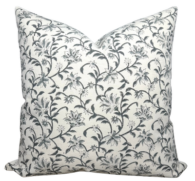 Vine Floral Print Pillow Cover in Indigo on Natural, showing indigo floral pattern on front and ivory linen fabric on back