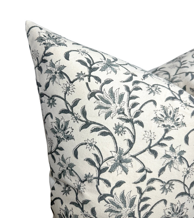 Vine Floral Print Pillow Cover in Indigo on Natural