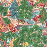 Patterned fabric with green and blue pagoda-style trees, coral and ochre rocks, a small red bridge over water, and a bird standing on a nest in a lush landscape scene.