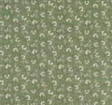 Green fabric with a dense pattern of small white flowers and intertwining brown and white vines creating a classic floral design.