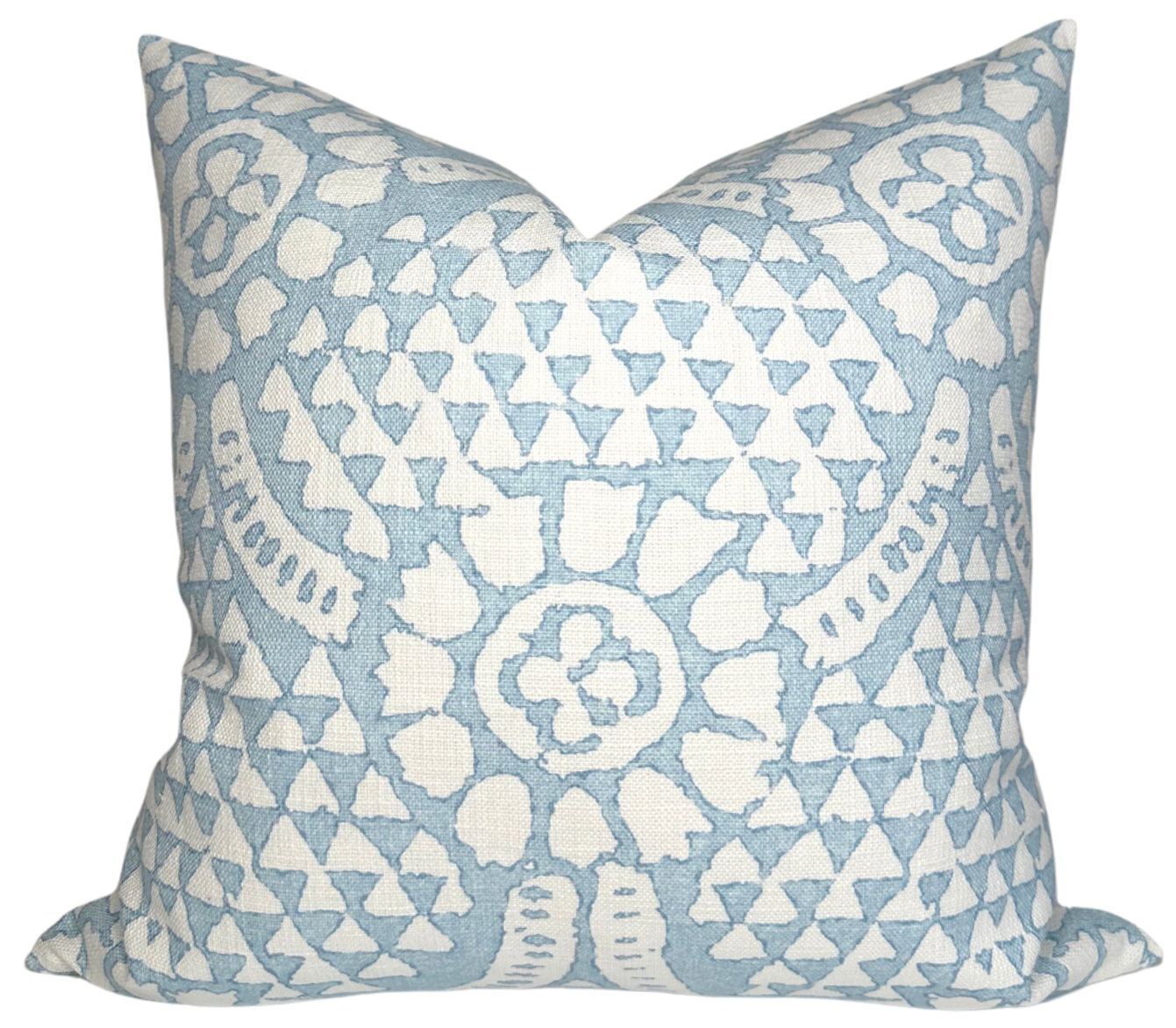 Chamomile Pillow Cover in Spa Blue showing floral pattern on front with ivory linen backing