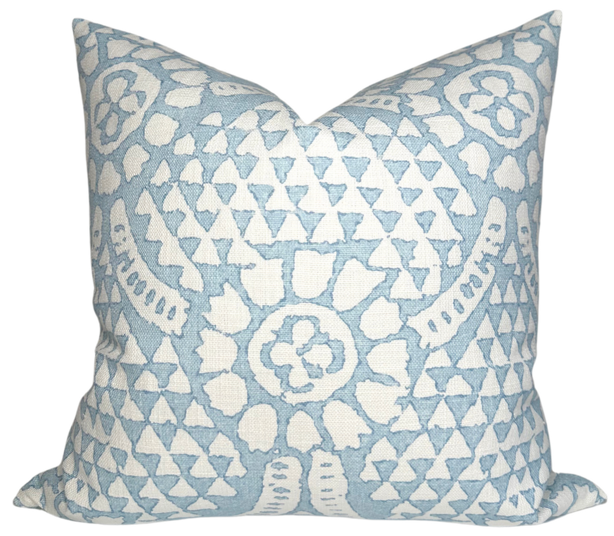 Chamomile Pillow Cover in Spa Blue showing floral pattern on front with ivory linen backing