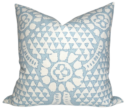 Chamomile Pillow Cover in Spa Blue showing floral pattern on front with ivory linen backing