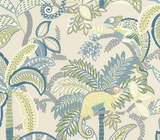 Illustrated fabric with green and blue foliage, featuring a pale green chameleon and a blue bird among stylized tropical leaves on a cream background.