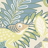 Close-up of fabric featuring a stylized lizard with green and beige body and blue-striped head, surrounded by layered blue and green tropical leaves on a light background.