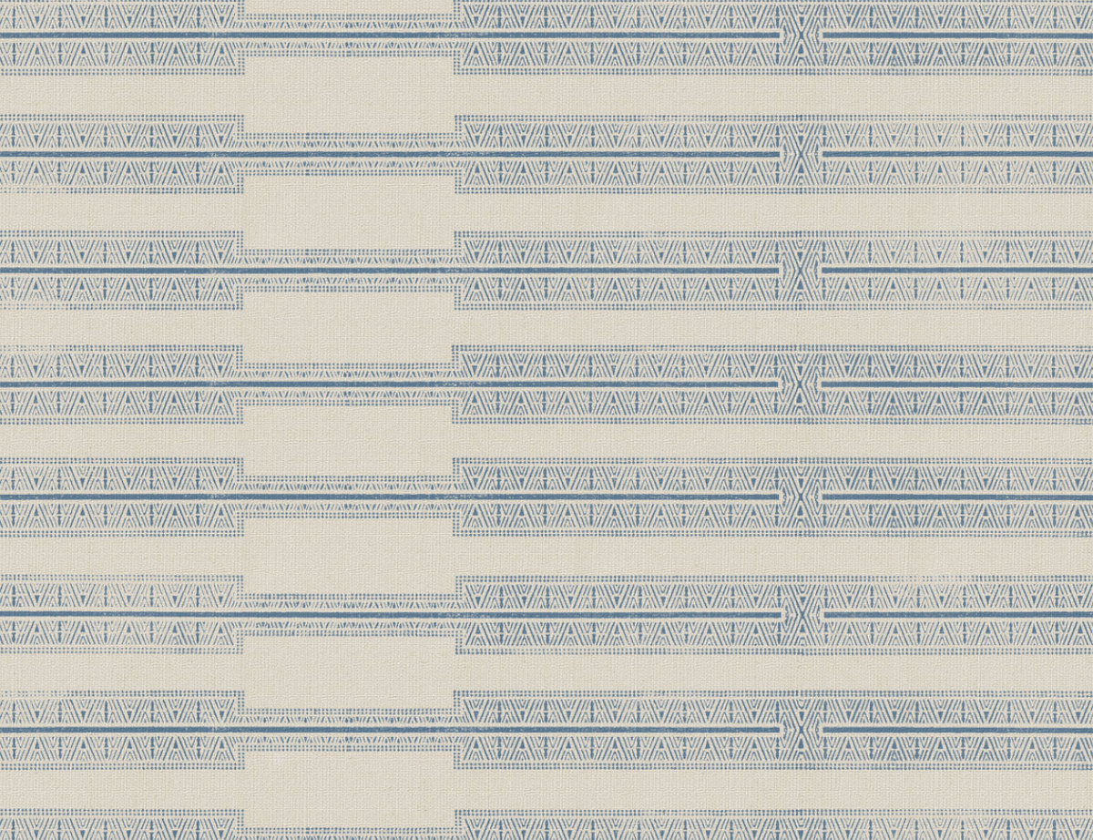 Beige fabric with horizontal rows of narrow blue bands featuring repeated triangular motifs, spaced evenly with larger blank rectangular sections between them.
