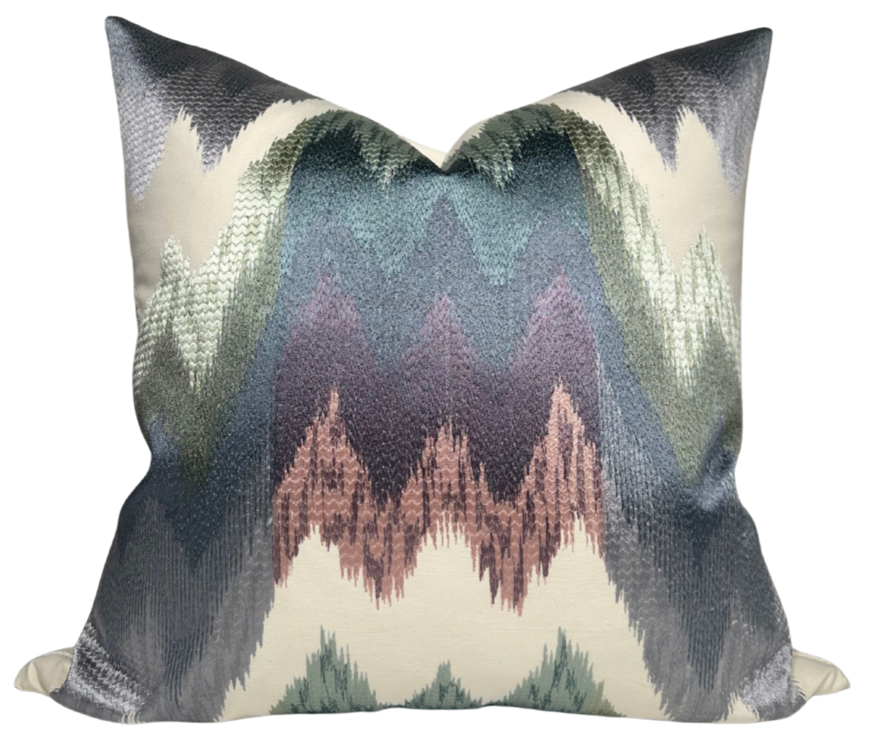 Kamut Pillow Cover in Spring showing embroidered front and ivory linen back