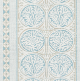 Close-up of pillow fabric with symmetrical aqua circular leaf motifs and a beige geometric border on a light background.
