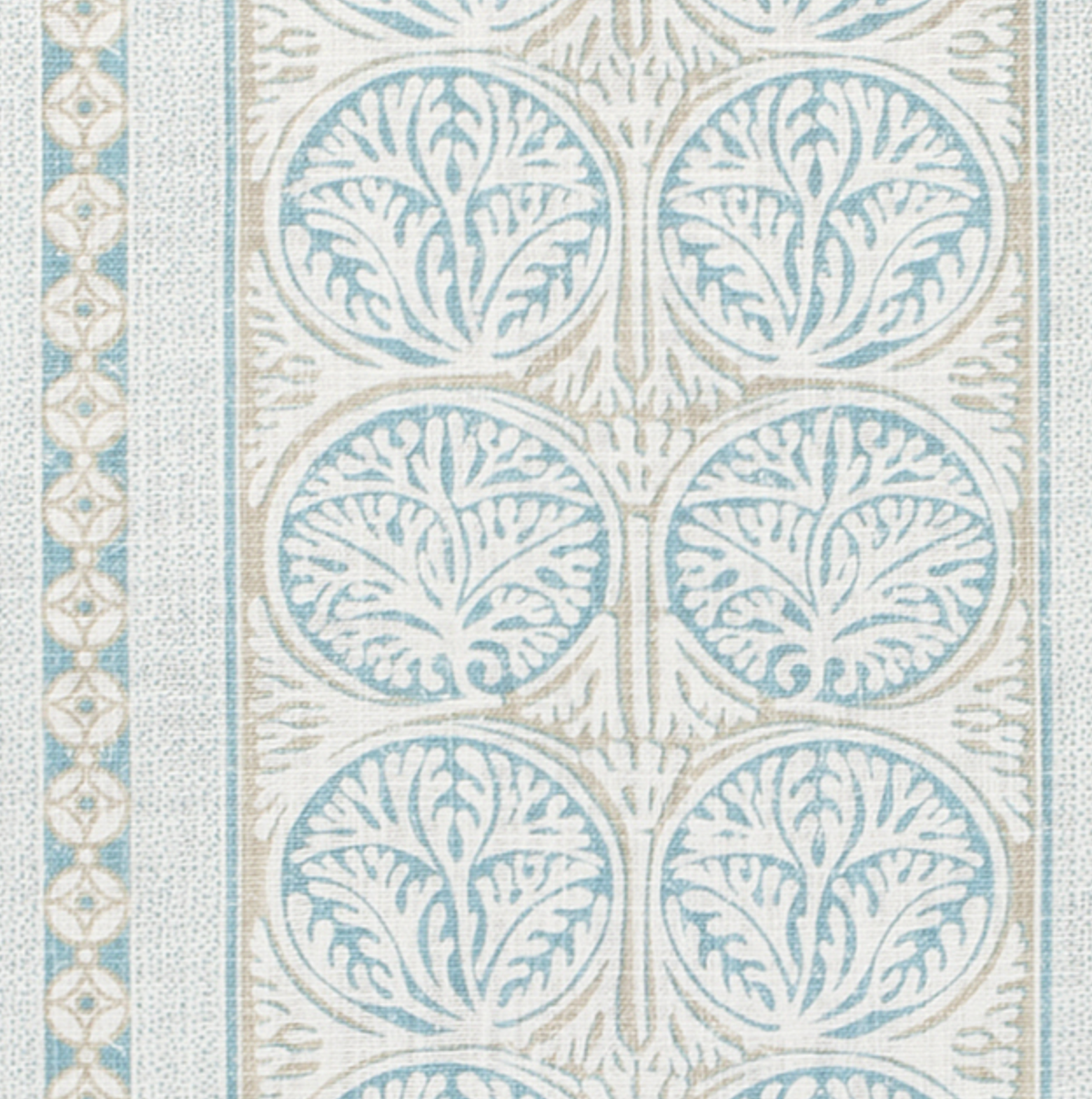 Close-up of pillow fabric with symmetrical aqua circular leaf motifs and a beige geometric border on a light background.