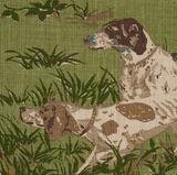 Two brown and white pointer dogs amidst tall green grass and foliage on a meadow green fabric background, detailed in naturalistic style