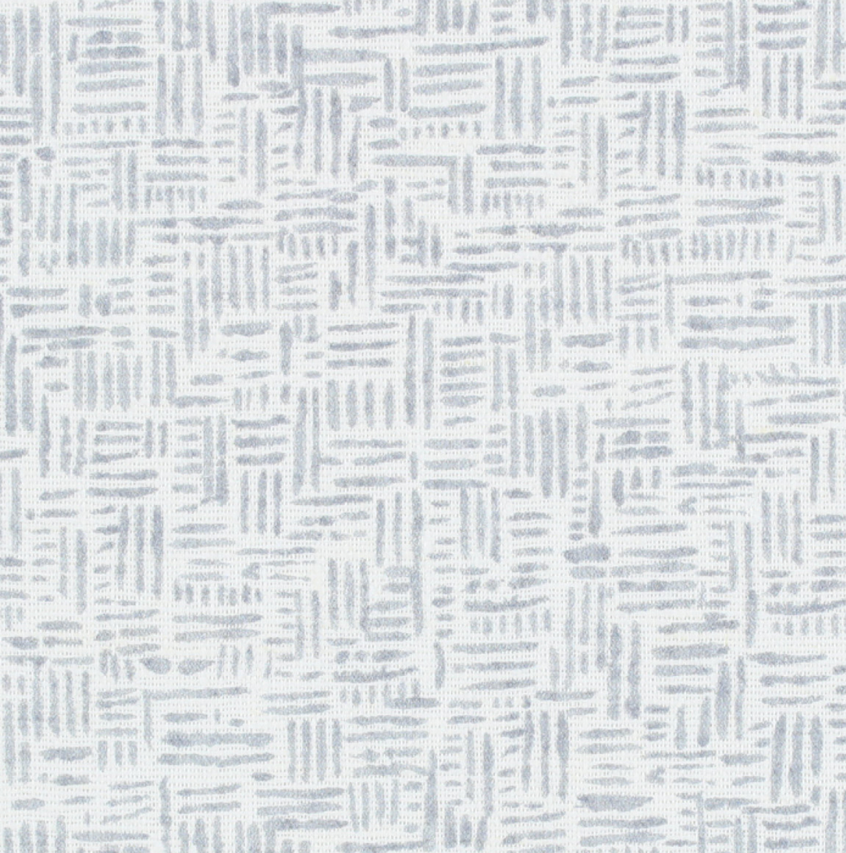Close-up of a fabric with a repeating pattern of short, light grey vertical and horizontal brush strokes on a soft white background, creating a subtle textured effect.