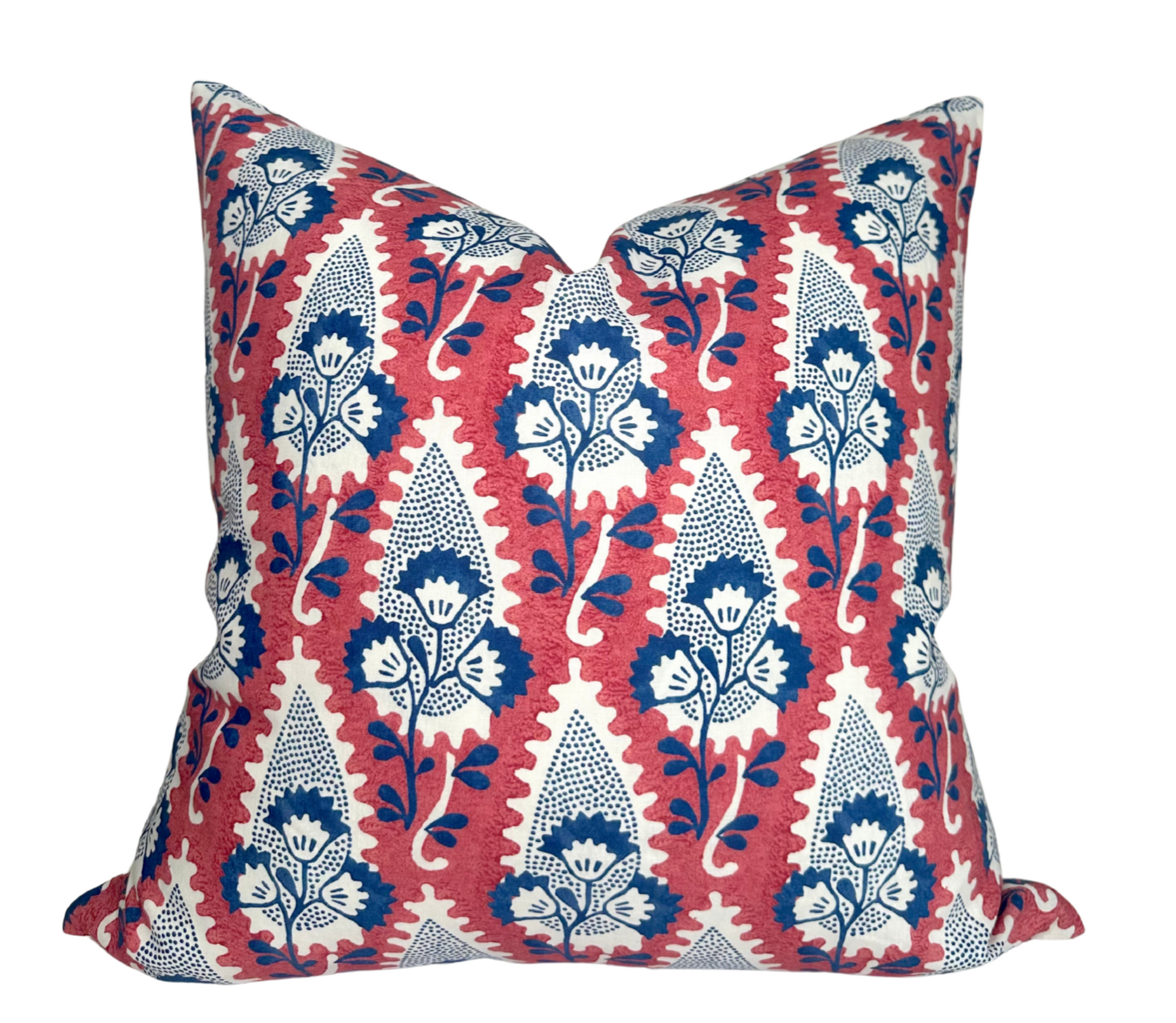 Red Cornwall floral pillow cover with ivory linen backing on sofa