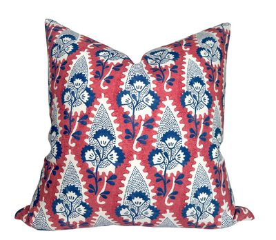 Red Cornwall floral pillow cover with ivory linen backing on sofa