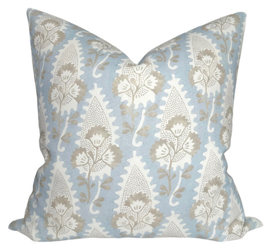 Cornwall Floral Pillow Cover in Spa Blue with ivory linen backing