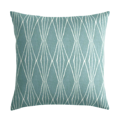 Handcut Shapes Pillow Cover in Rain Blue showing abstract blue and darker blue shapes on both sides