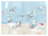Abstract painting of eight white doves flying against a soft blue and beige background with pastel accents, capturing peaceful motion and light.