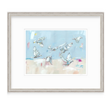 Fine art print depicting seven white doves in flight against a soft blue sky with subtle pastel color blocks below, framed in a simple light gray wooden frame.