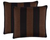 Two square pillows with wide vertical stripes in brown and black, edged with solid black piping, shown overlapping on a white background.