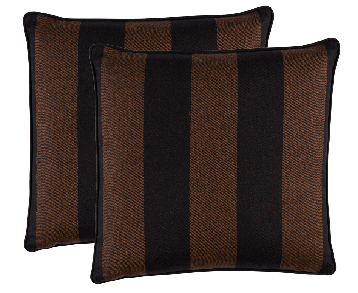 Two square pillows with wide vertical stripes in brown and black, edged with solid black piping, shown overlapping on a white background.