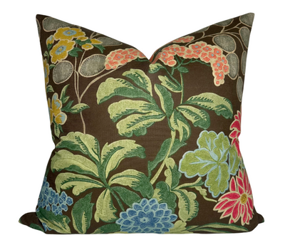 Meadow Floral Pillow Cover in Brown with floral pattern on front and ivory linen back
