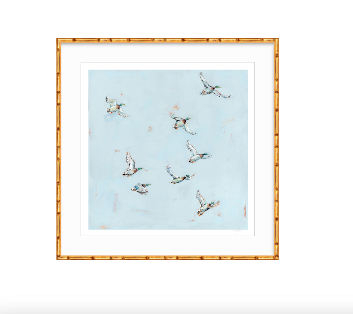 Free Flying Ducks Fine Art Print showing flying ducks over water, by Chelsea McShane Art