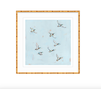 Free Flying Ducks Fine Art Print showing flying ducks over water, by Chelsea McShane Art