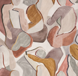Abstract pattern of overlapping human body shapes in muted earth tones including terracotta, beige, gray, and mustard on fabric.