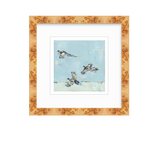 Three pheasants in flight against a soft blue background, depicted in loose, expressive brushstrokes within a light wood grain frame.