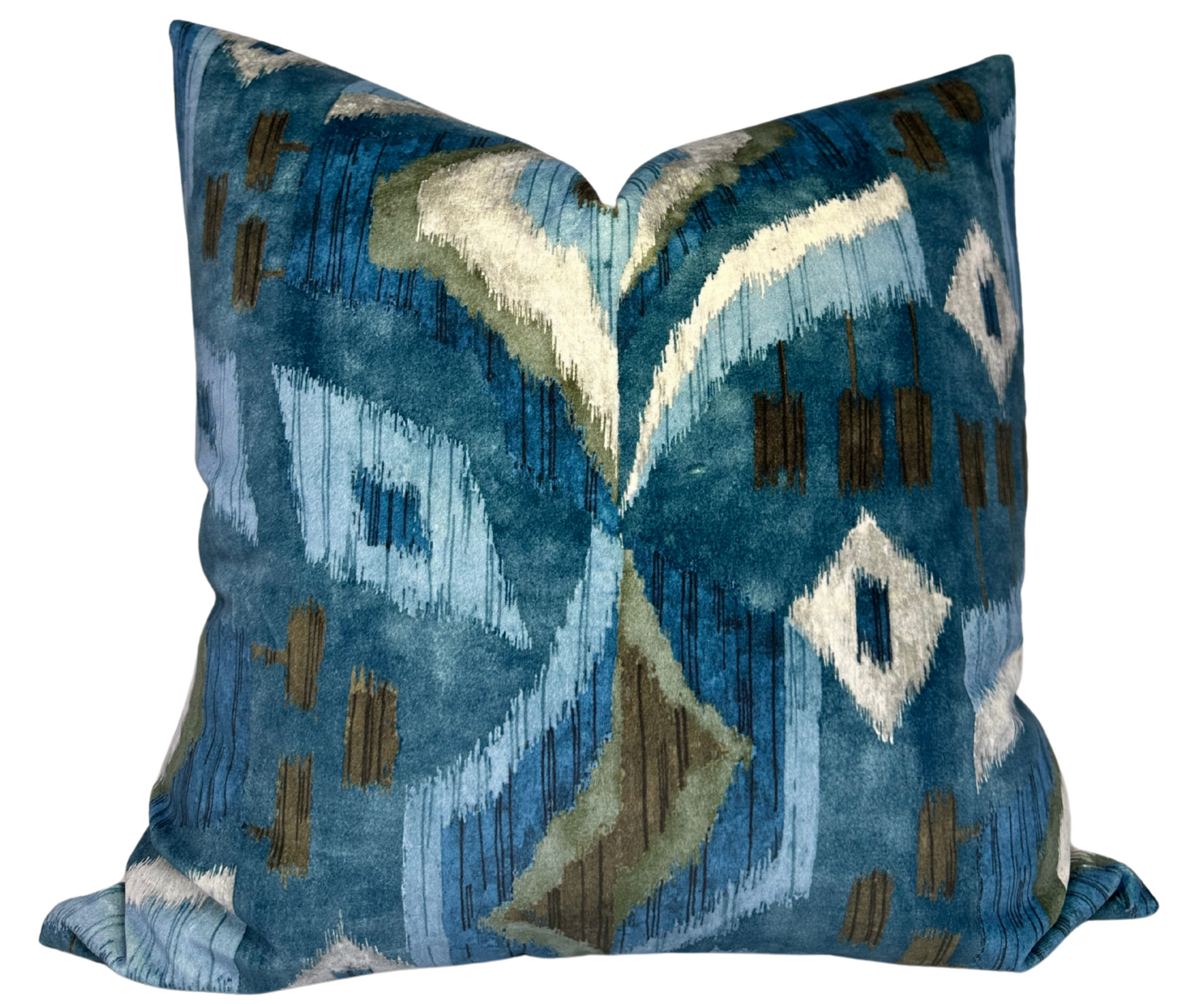 Artesian Velvet Pillow Cover in Mineral Blue with abstract pattern and ivory linen back
