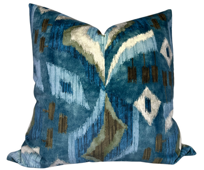 Artesian Velvet Pillow Cover in Mineral Blue with abstract pattern and ivory linen back