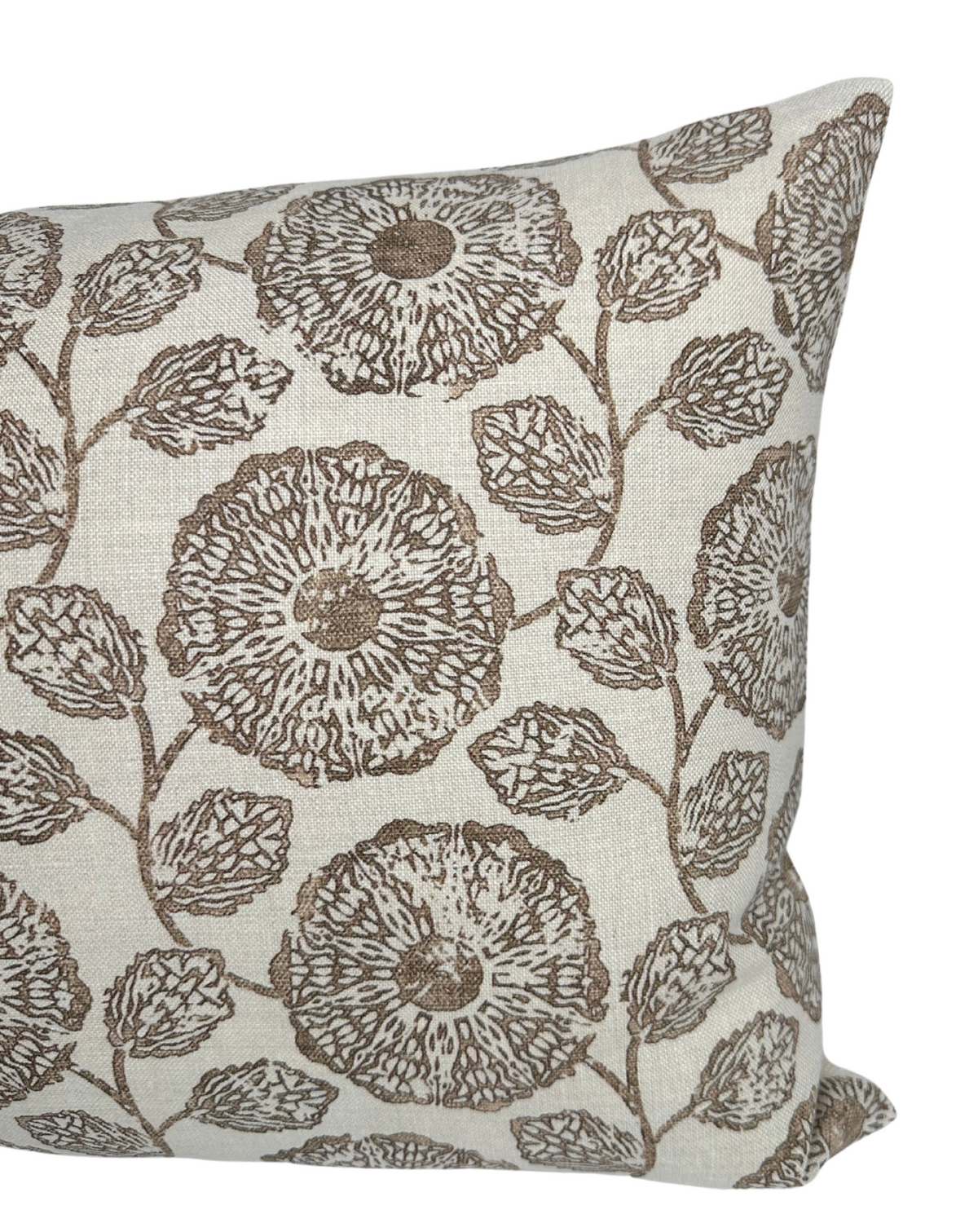 Square pillow with cream background and sepia brown floral pattern featuring large stylized flowers and leafy stems, showing front and side edges.