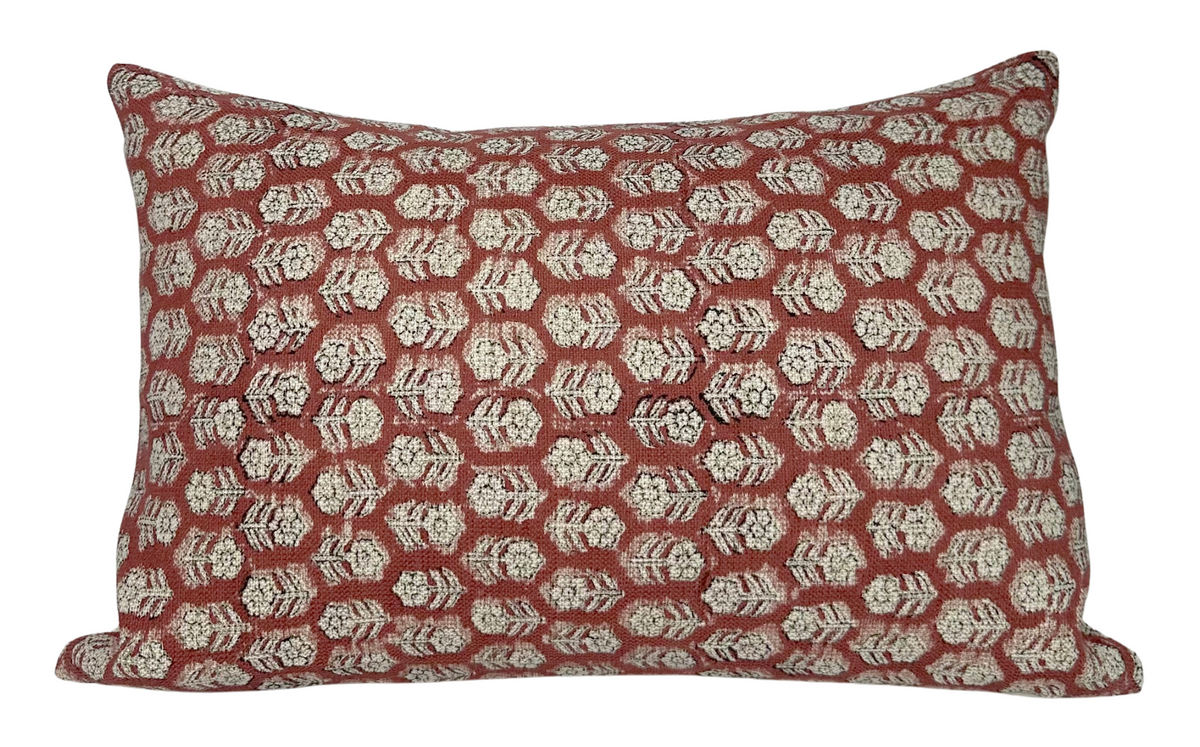 Floral Pillow Cover in Saffron showing floral block print fabric on front and ivory linen fabric backing