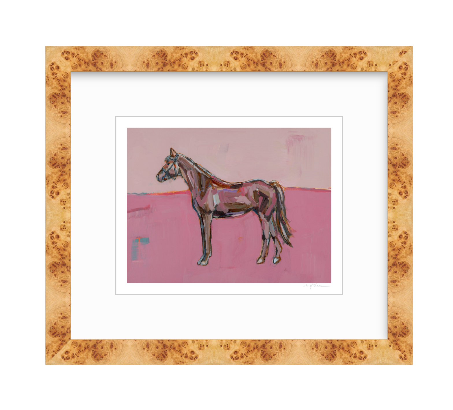 Rose in the Dust Horse Fine Art Print featuring a bold pink horse by Chelsea McShane