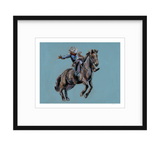 Stylized painting of a cowboy wearing a hat riding a bucking horse against a solid light blue background, captured mid-motion with muted earthy tones.