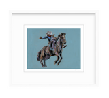 Expressionistic painting of a rodeo cowboy mid-buck on a dark horse against a muted blue background, featuring dynamic brushstrokes and a white cowboy hat.