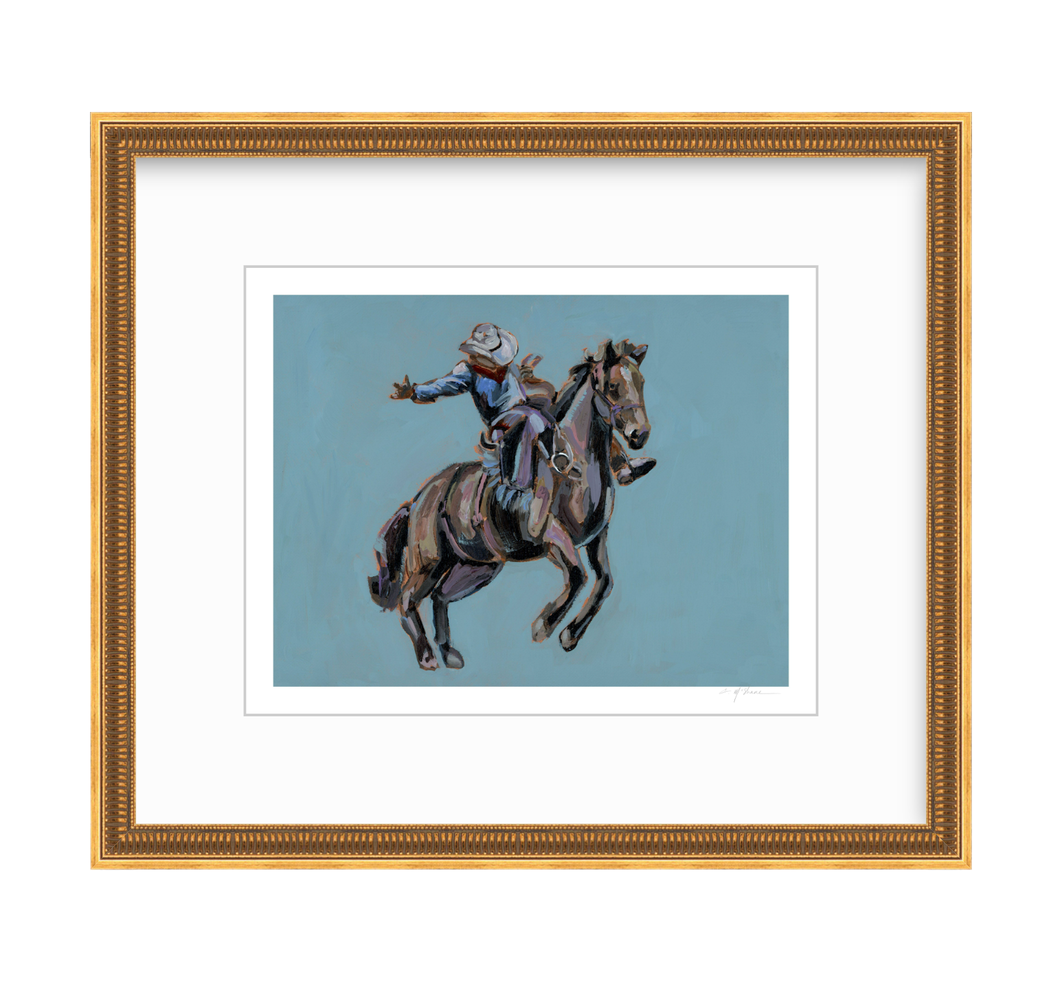 Rodeo Cowboy Fine Art Print featuring a cowboy illustration on a blue background