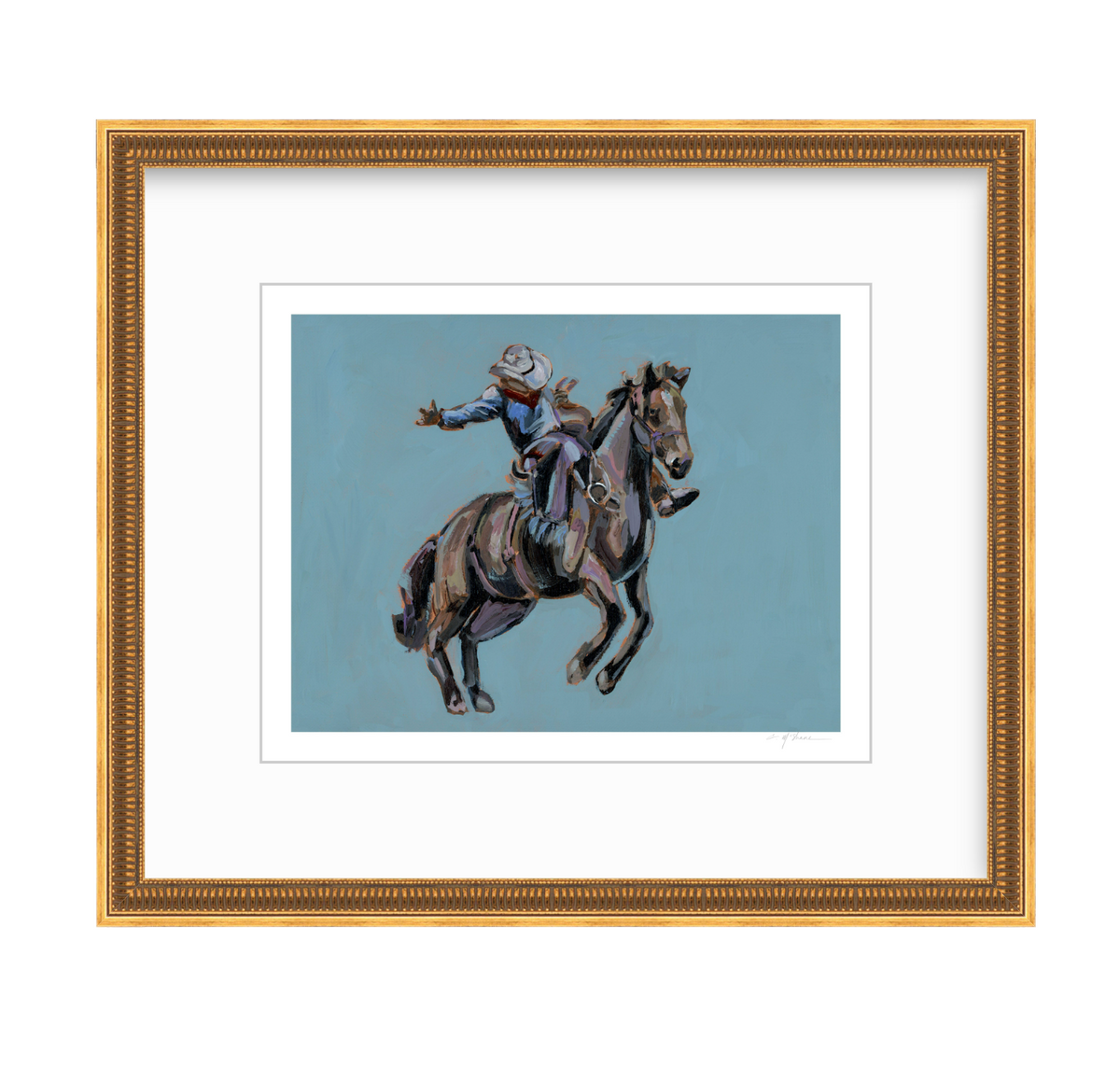 Rodeo Cowboy Fine Art Print featuring a cowboy illustration on a blue background