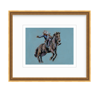 Rodeo Cowboy Fine Art Print featuring a cowboy illustration on a blue background