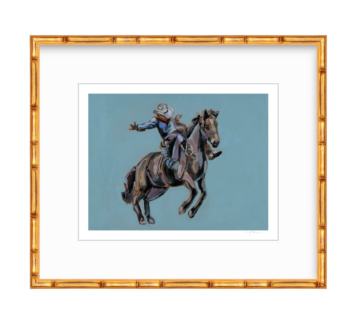 Painting of a cowboy riding a bucking horse against a muted blue background, framed by a golden bamboo-style frame with white matting.