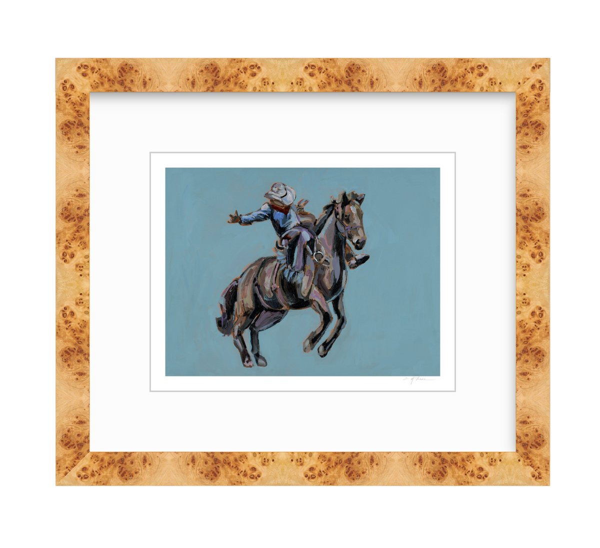 Painting of a rodeo cowboy riding a bucking horse against a muted blue background, framed by a light wood frame with a white mat.