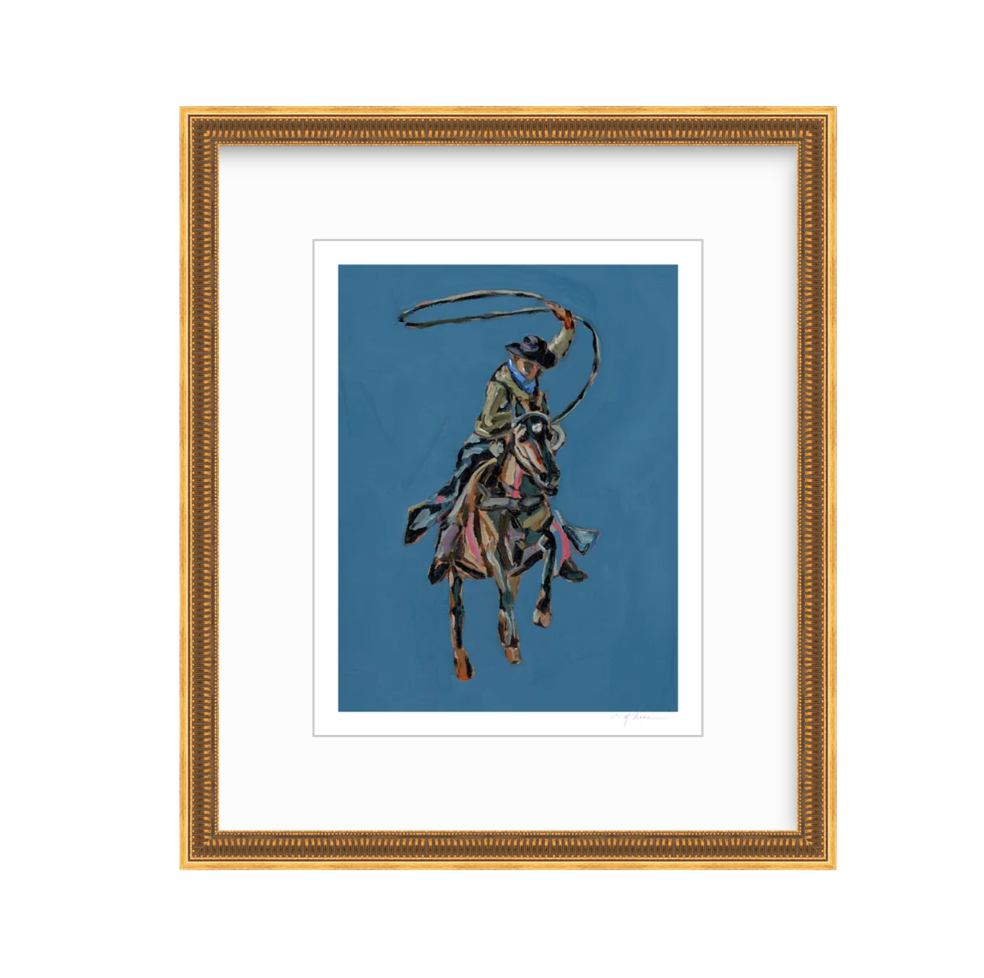 Rodeo Roper Fine Art Print showing a cowboy in dynamic action at a rodeo, by Chelsea McShane